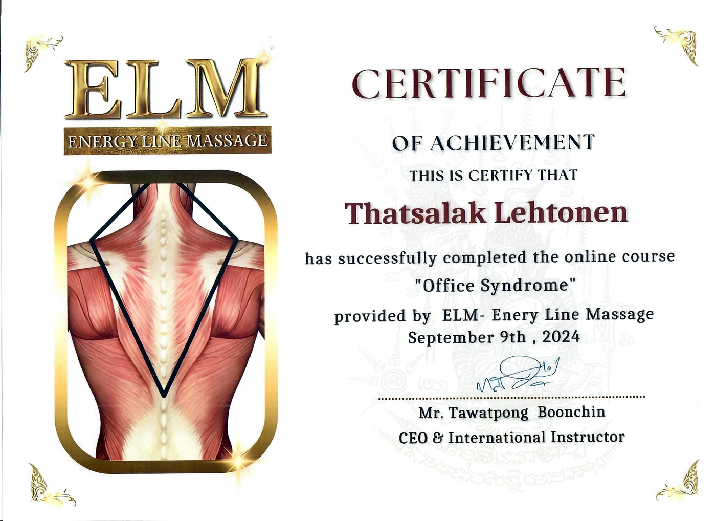 Certifikat Office Syndrome – ELM Energy Line Massage