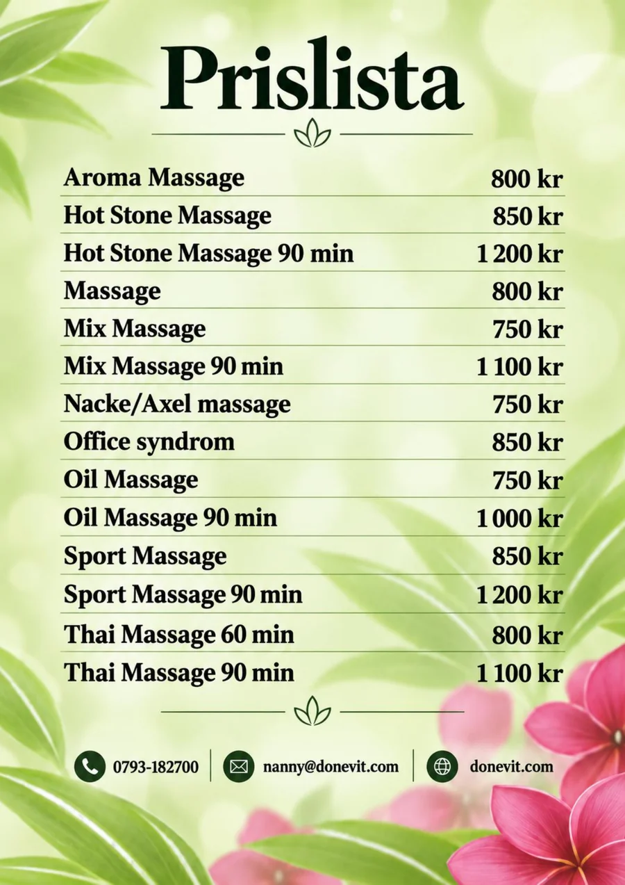 Donevit prislista för massage och behandlingar